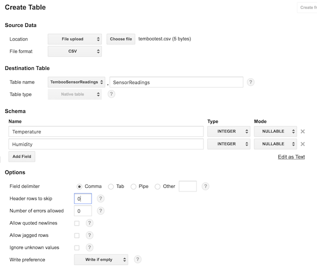 BigQuery create table