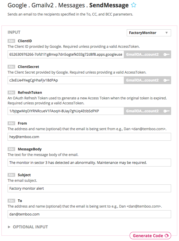Supplying inputs to the Gmail Choreo