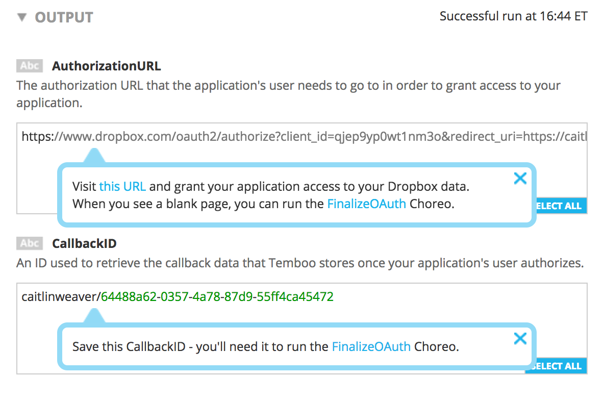 Outputs returned by Initialize OAuth
