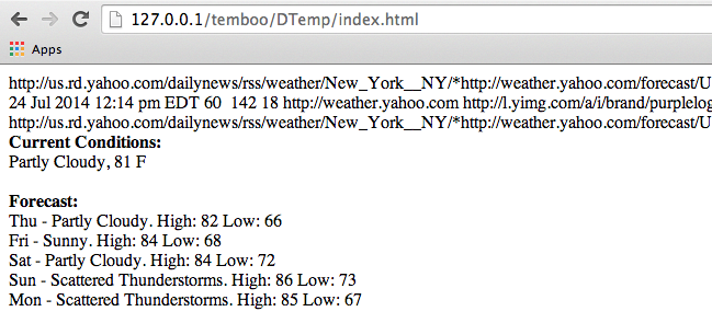 The result of the Yahoo! Weather Choreo displayed on your page