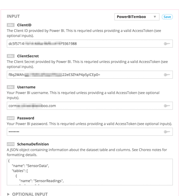 Power BI Choreo inputs