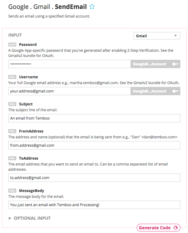 An example of a correctly filled in set of Choreo inputs