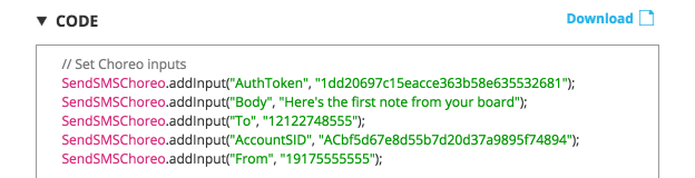 The code auto-generated by Temboo